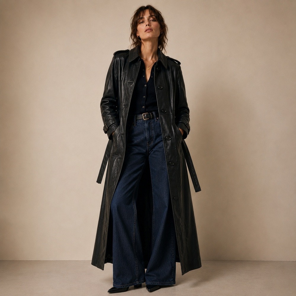 Vintage 1970s Black Leather Belted Trench Coat Sz 13 / 14